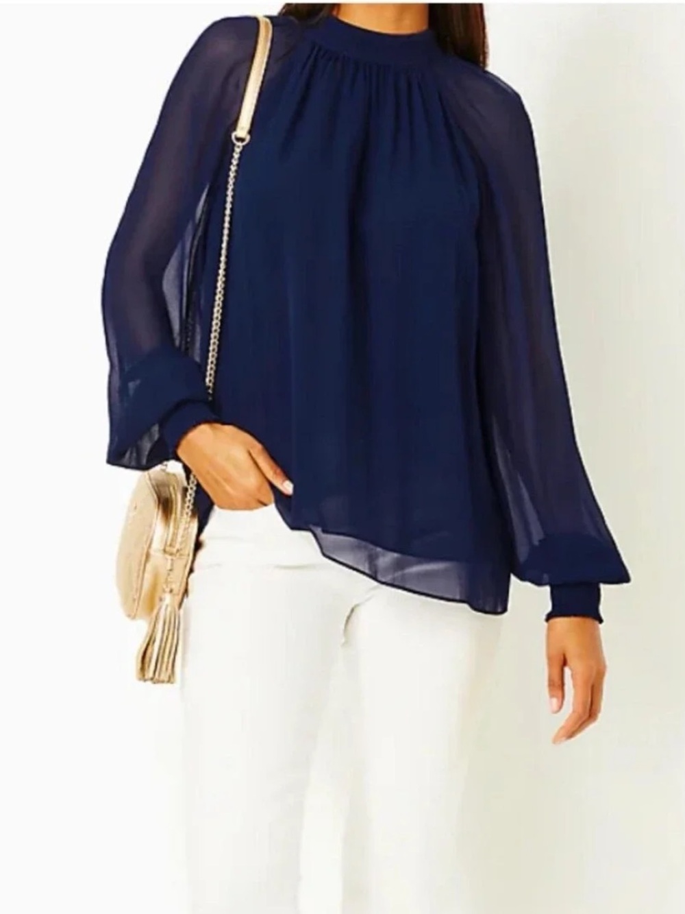 NWT💙Lilly Pulitzer Ellielynn Navy Blue Sheer Long Sleeve Blouse. Size 0